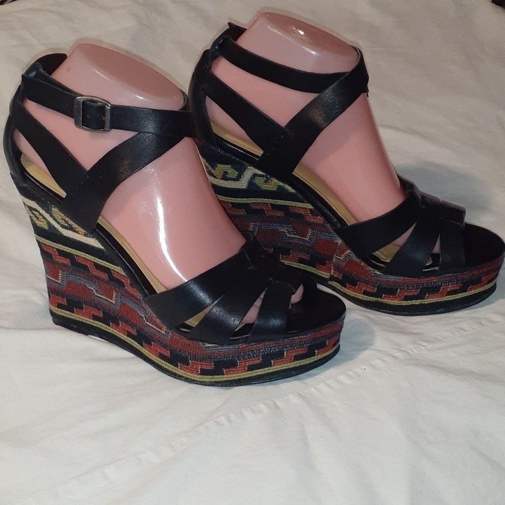 Zodiac Black Leather Southwestern Wedge Heel Shoes
